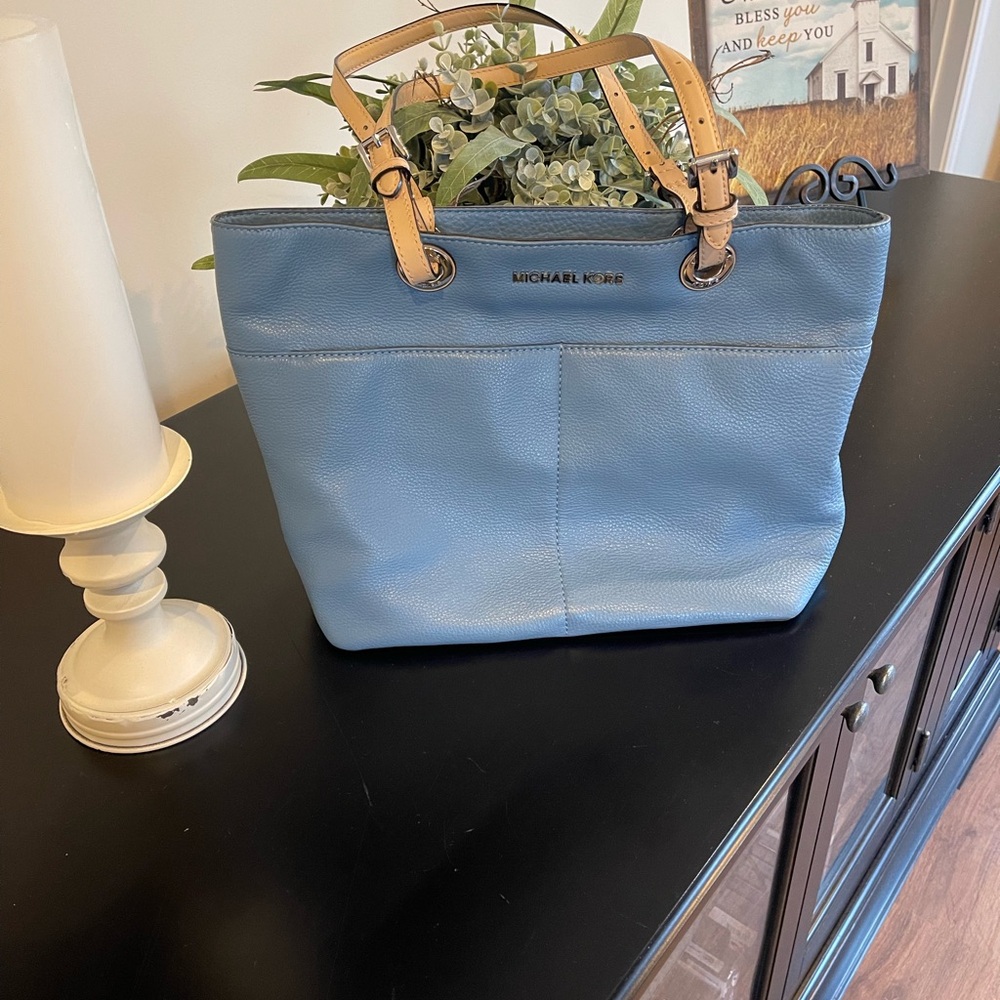 Michael Kors Sky Blue Tote with Beige Handles